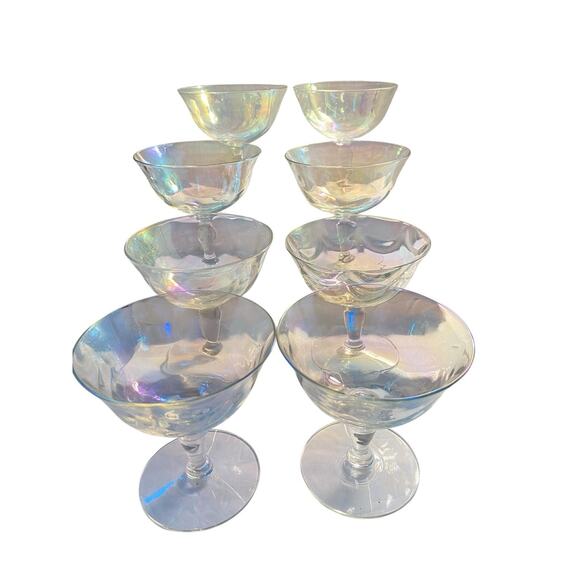 8 Fostoria Crystal Pearl Shell Iridescent Champagne Sherbert Glasses Loop Optics - Picture 15 of 16